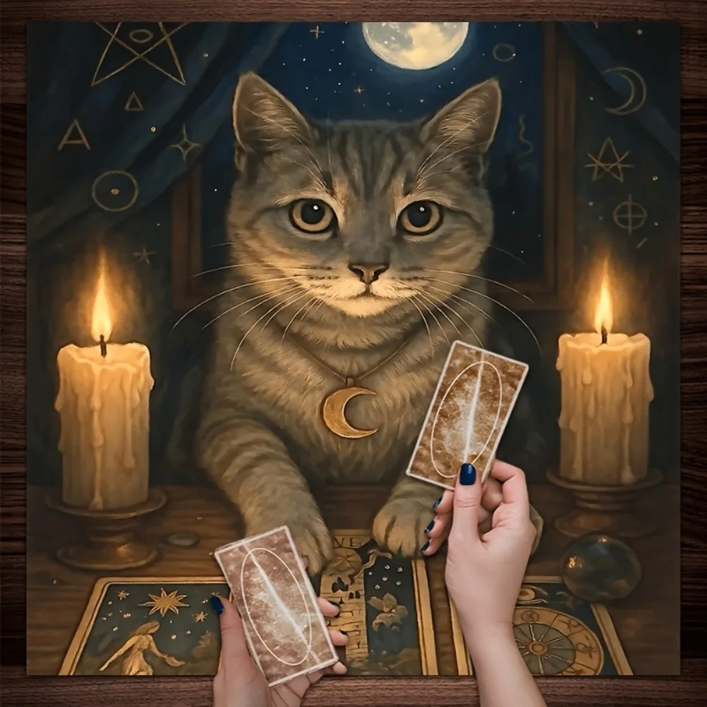 Mystical Moon Cat Altar Cloth Multiple Sizes Printed Tarot Star Totem Witchcraft Psychedelic Polyester Divination Tapestry Wall