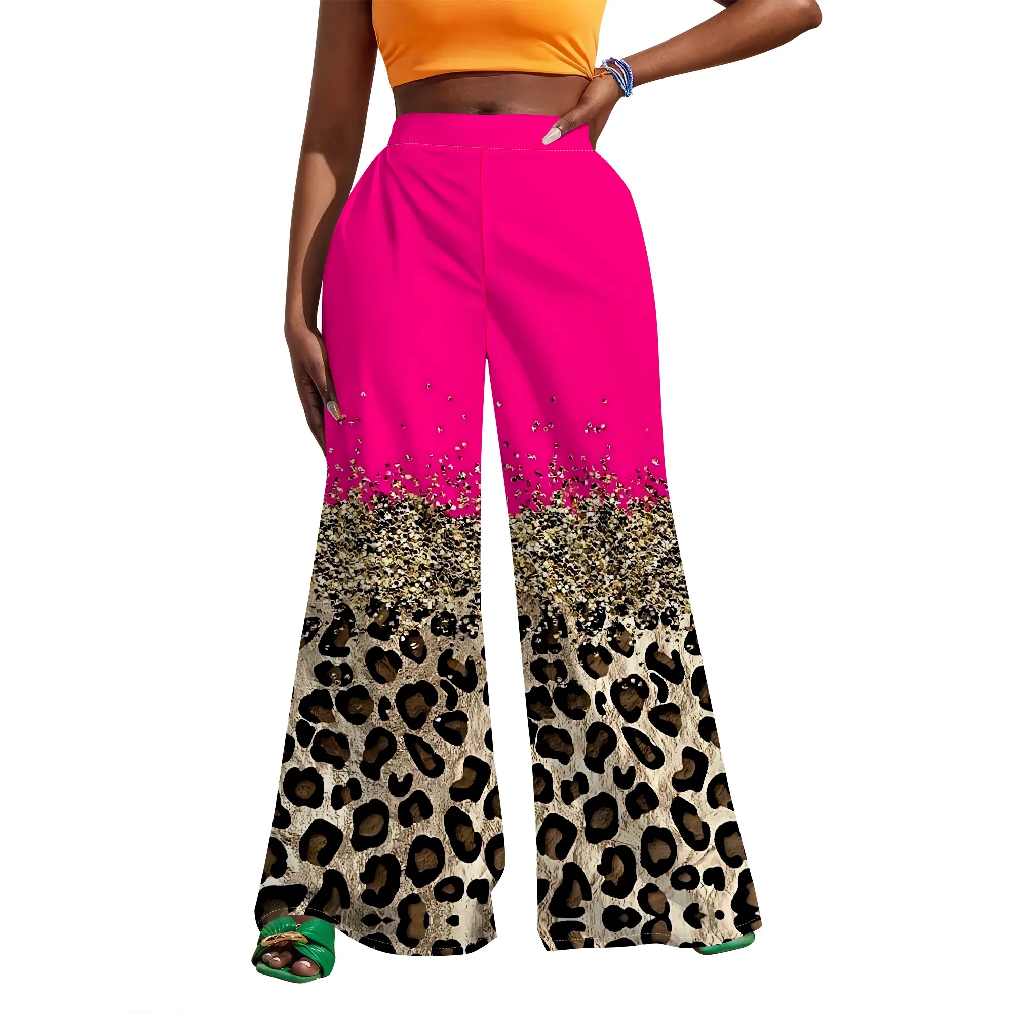 Denim Patch Pocket Print High Waist Wide Leg Pants for Women Vintage Casual Trousers