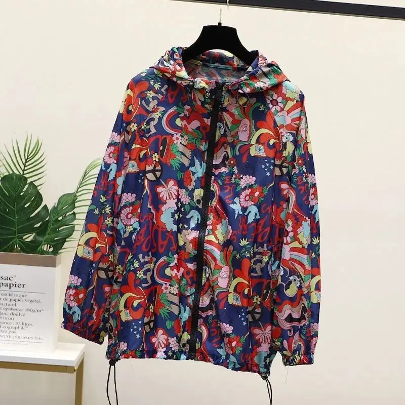 2023 Spring Printed Double Zipper Coat Women\'s Fashion Casual Thin Hooded Windbreaker Sun Protection Clothing