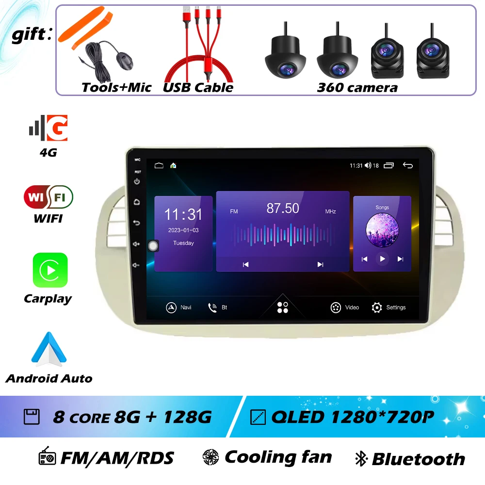 9 ''Android 16 Autoradio Stereo voor Fiat 500 2007-2015 met GPS Navigatie Stuurbediening Multimedia Carplay auto WIFI
