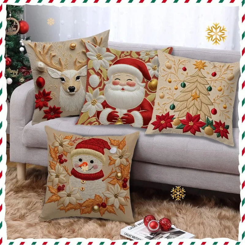 Christmas Khaki 2D Flat Print Pillow Cover Santa Cartoon Home Sofa Holiday Decoration Cushion Cover (excluding Pillow Core)