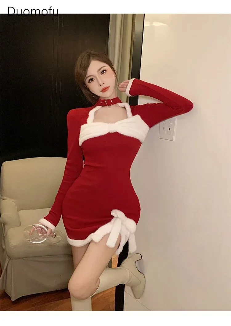 Duomofu Christmas Dresses Winter Women Clothing Traf Sexy Slim Red Three-dimensional Bow Elegant and Pretty Female Party Dress