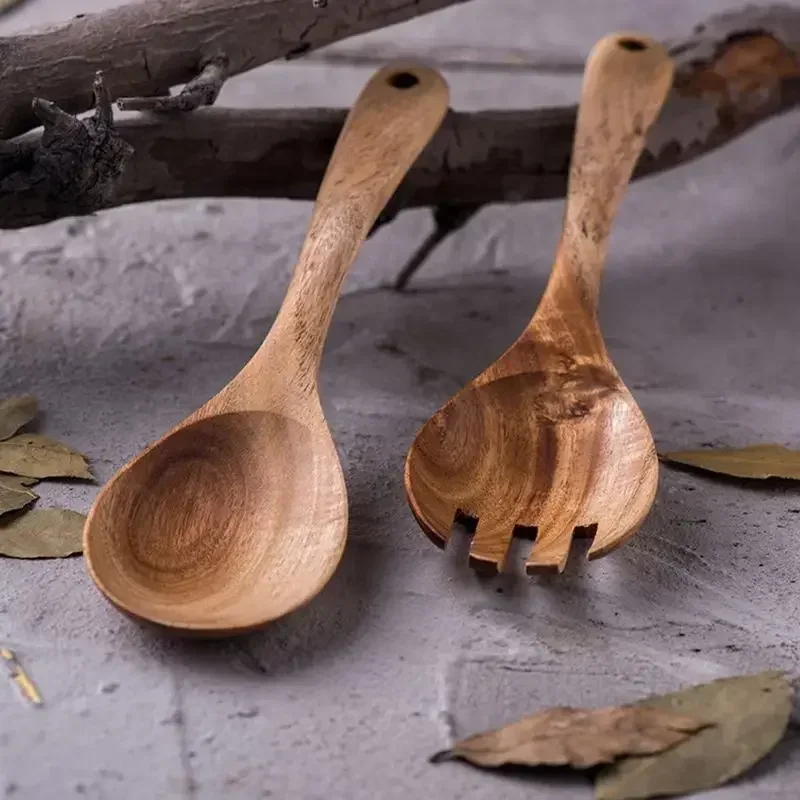 Juego de cucharas de madera grandes para servir ensalada y cena, utensilios de vajilla