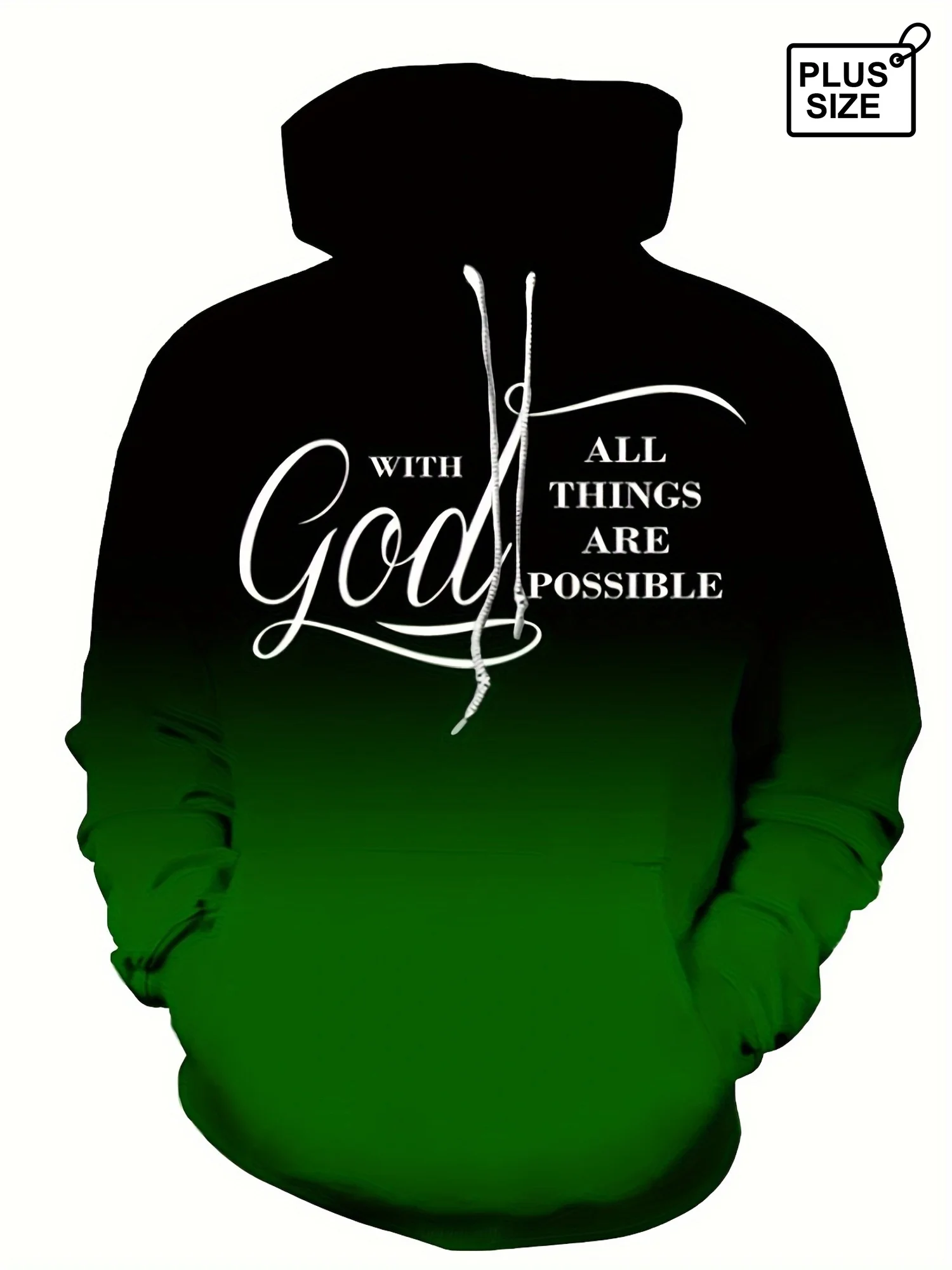 Mens Color Fade Hoodie Ombre Black Green Christian Scripture Script Graphic Front Print Casual Plus Size Sweat Top