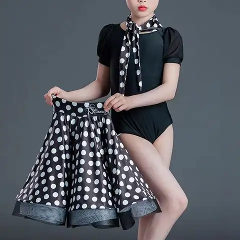 2026Latin Dance Practice Outfit Women Children's Performance Outfit Polka Dot Competition Performance Big Skirt Dance Dress Set
