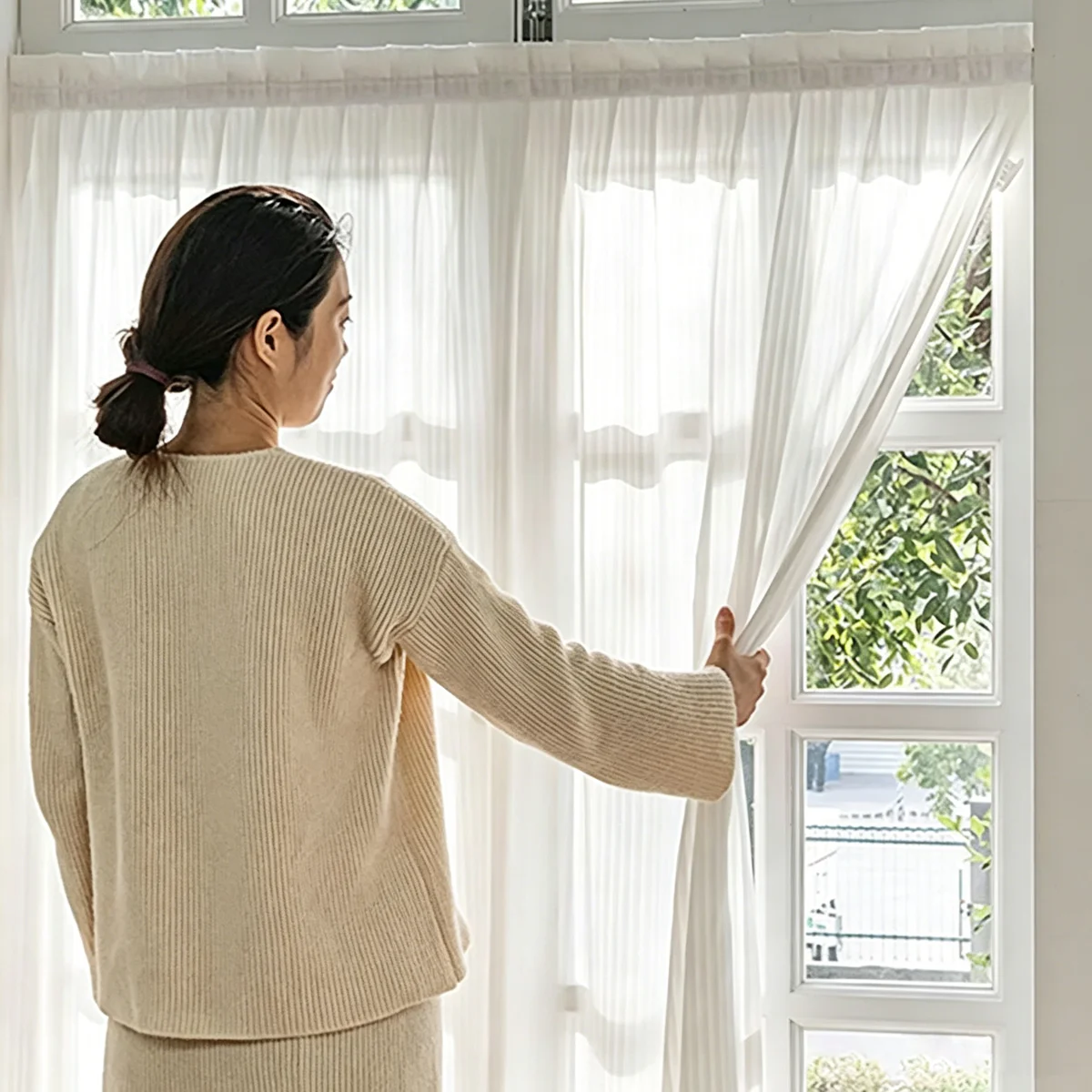1 Panel White Vertical Stripe Sheer Curtain, Self-Adhesive Hook & Loop Light Filter Voile Drape, Short Transparent Window Sheer