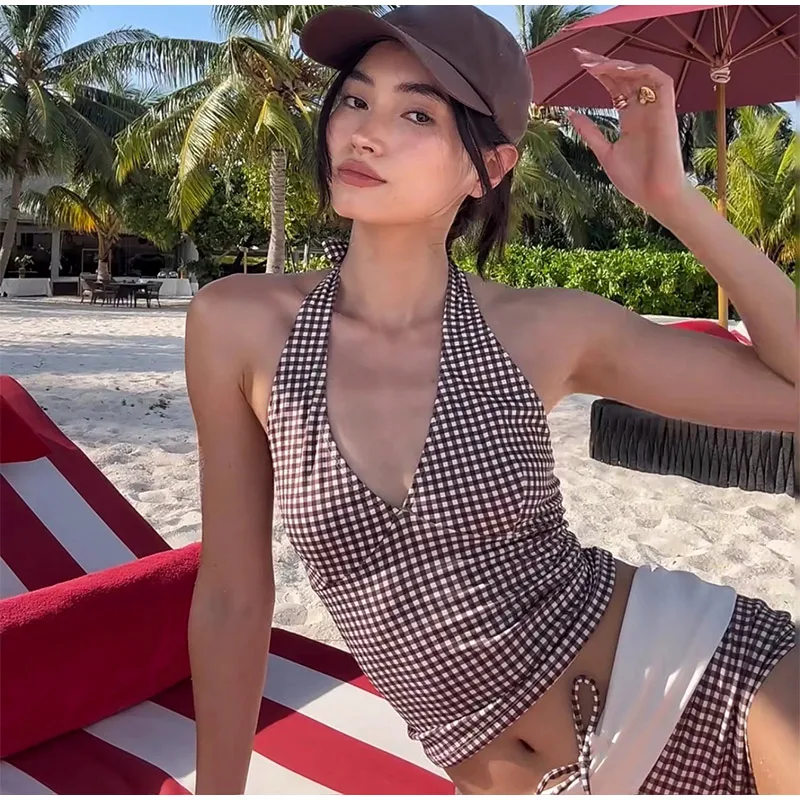 Sexy Deep V High Waist Check Bikini Suit Plaid Belly-in Halter Vest Set Simple Boyshort Split Swimsuit For Beach Holiday