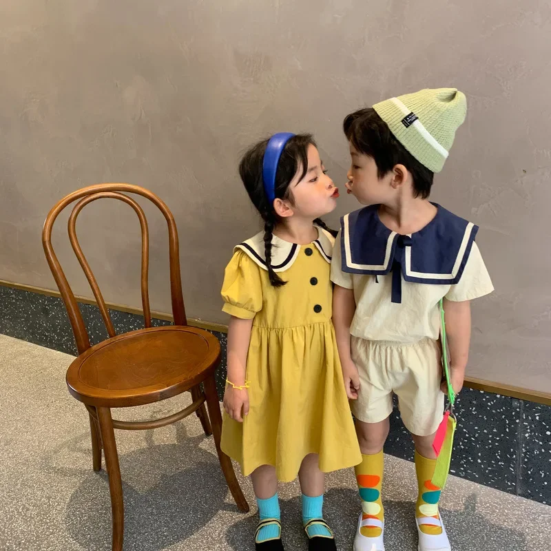 Summer Brother Sister Matching Clothes For Boy And Girl Outfit Little Girls Cotton Dress Children Top+Short Set Korean Kids Suit