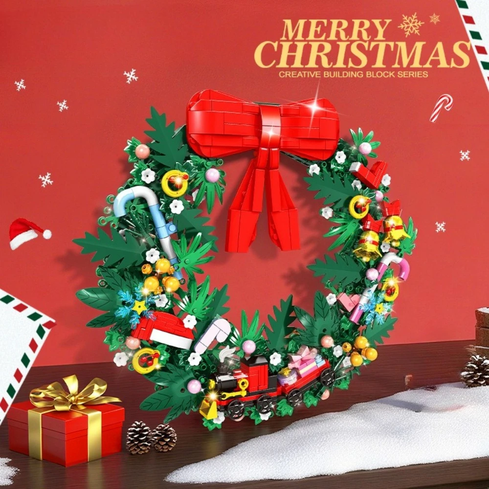 

MOC Christmas Wreaths With Winter Hat Train Building Blocks Set Door Fireplace Pendant Decor Toys For Children Girls Xmas Gifts