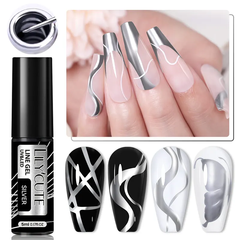LILYCUTE 5 ml Super Bright Silver Metallic Painting Liner Gel Nagellack Zeichnung Streifen Graffiti Mirror Pull Line UV Gel Lack