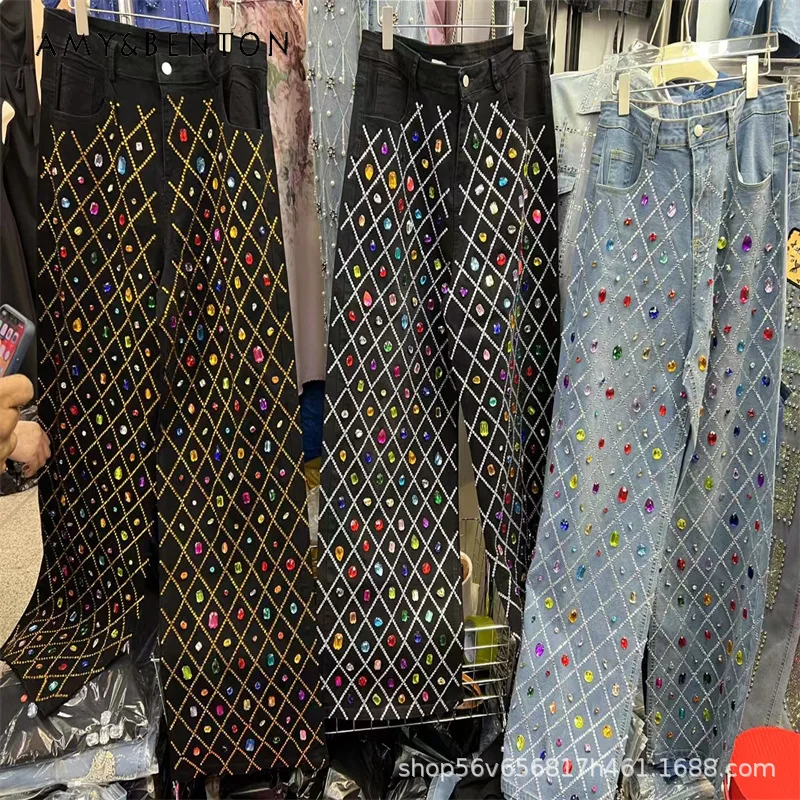

Design Sense Cool Denim Pants Heavy Industry Diamond Drills Hand Sewn Color Loose Fashion New Jeans Wide Leg Trousers For Women