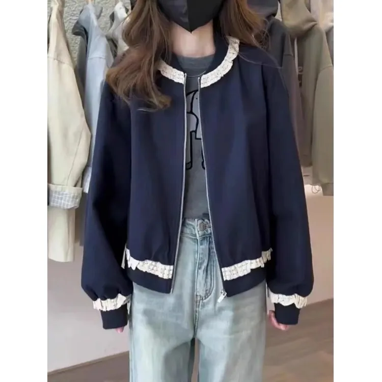 

Корейский Sle воротник-стойка с рюшами в стиле пэчворк или бейсбольный джет, женский весенний новый утягивающий топ, женская модная верхняя одежда