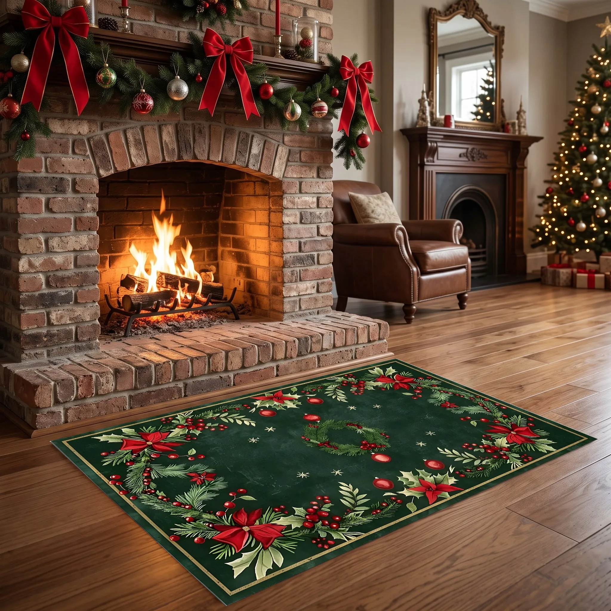 Christmas Wreath, Red Berries, Colorful Balls, Bow Print, Vintage Style Christmas Velvet Rug, Suitable for Entryway, Living Room, Bedroom, and a Warm Autumn/Winter Atmosphere