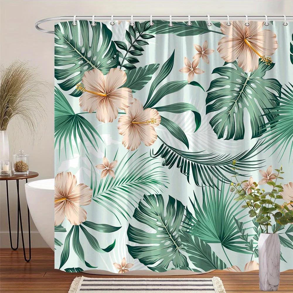 

1 шт. занавеска для душа с тропическим цветочным узором, цветы гибискуса, листья монстеры и пальмовые фриды на мятно-зеленом фоне, свежие