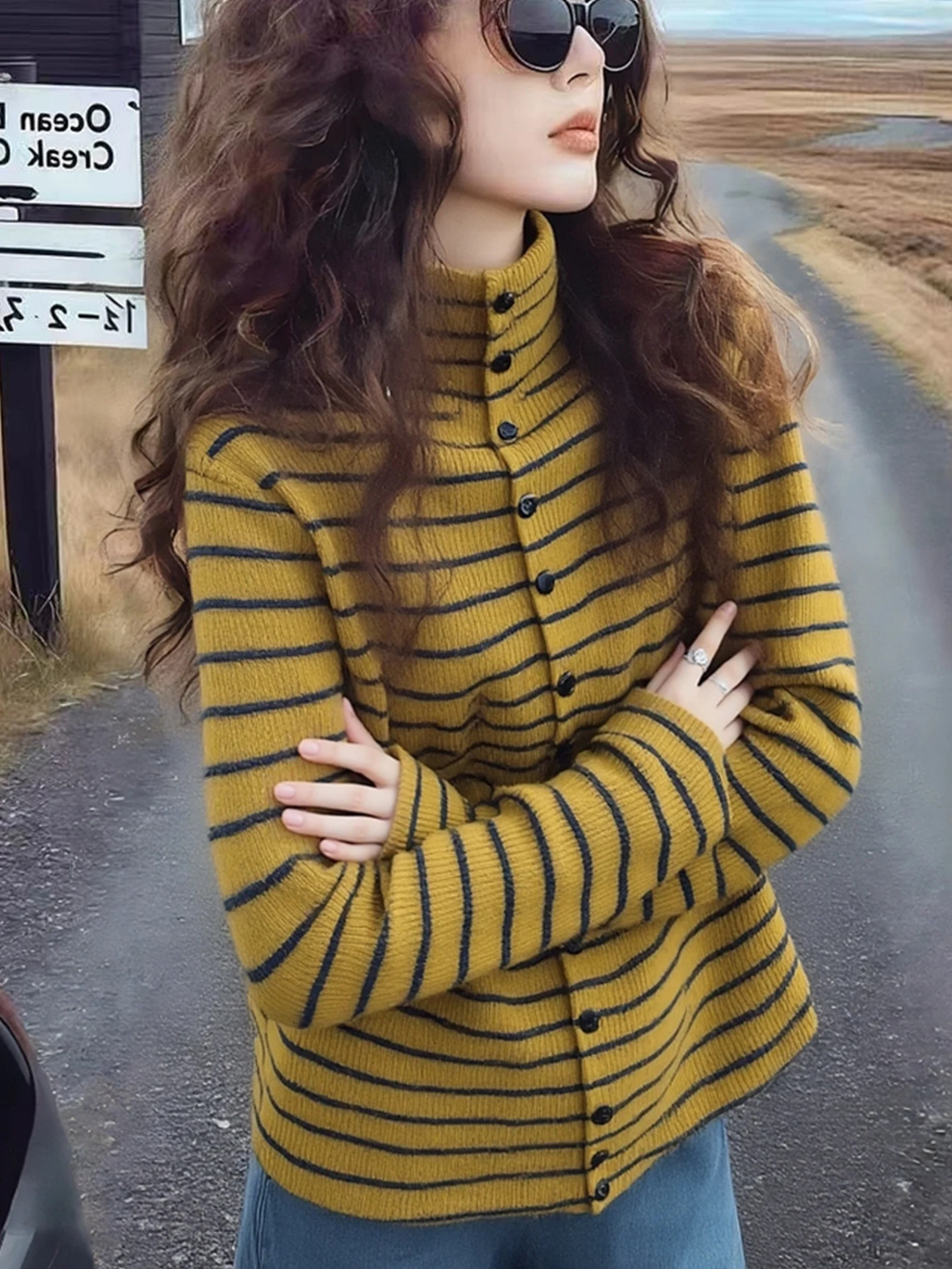 Retro Farbe Blo Gestreiften Hoher Kragen Lange Sve Gestrickte Offene Strickjacke Frauen Slim Fit Faionable Herbst Winter Top