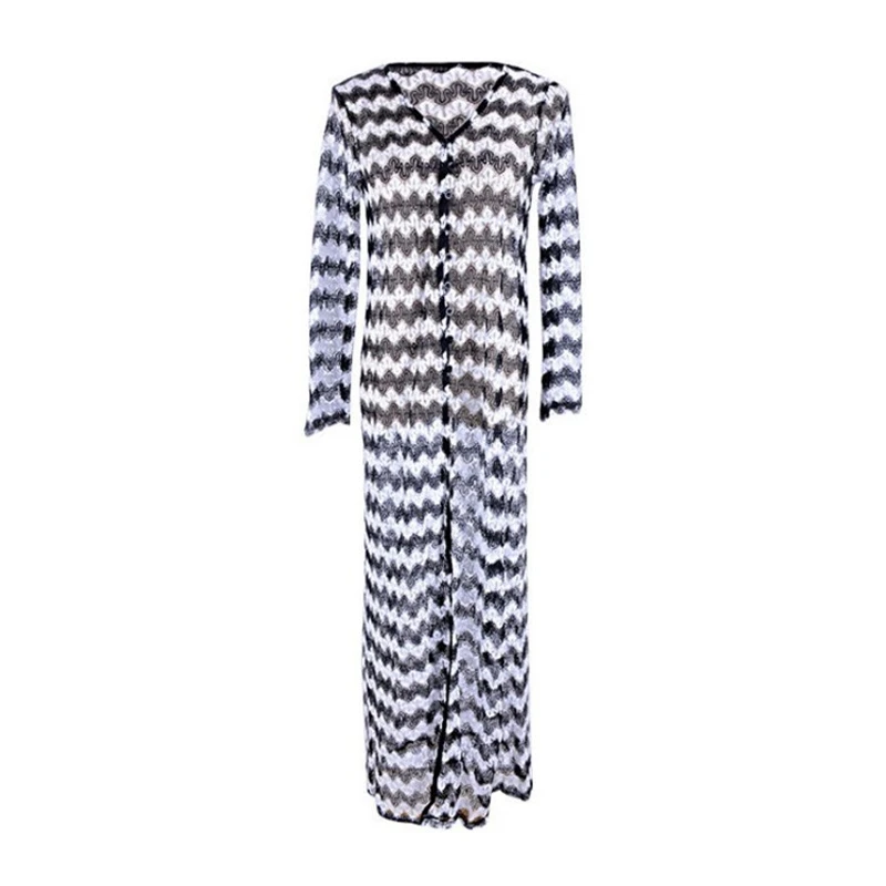 Zigzag Pattern Zebra Women Cardigan Black&White Knit Maxi Sweater Long Sleeve Lace Beach Cover Ups Floor Length Button Coat Cape