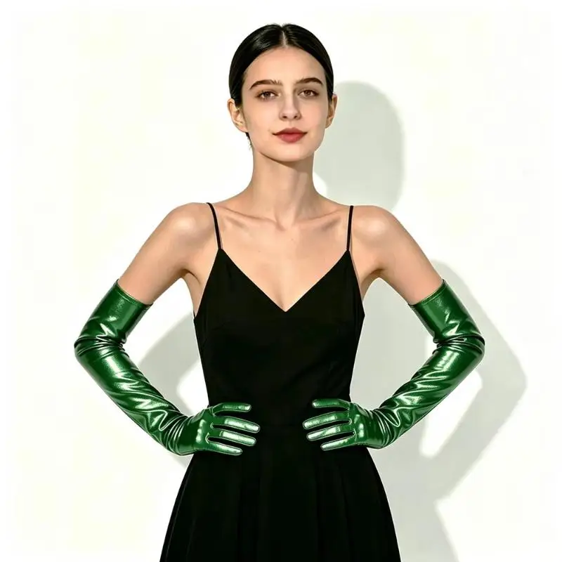 Sexy Lackleder Damen Lange Handschuhe, Punk Rock HipHop Jazz Disco Pole Dance Metallische Fäustlinge, Halloween Cosplay – Detail 5