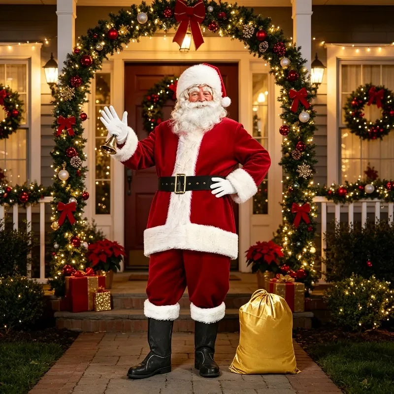 Disfraz Navideño con Barba Desmontable, Traje de Santa Claus Metálico de Lujo, Conjunto Festivo para Eventos Navideños