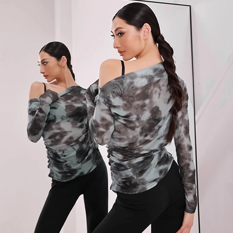 2024 New Latin Dance Tops Mesh Long Sleeves Oblique Shoulder T Shirt Adult Women Rumba Ballroom Dance Practice CLothing BL13424