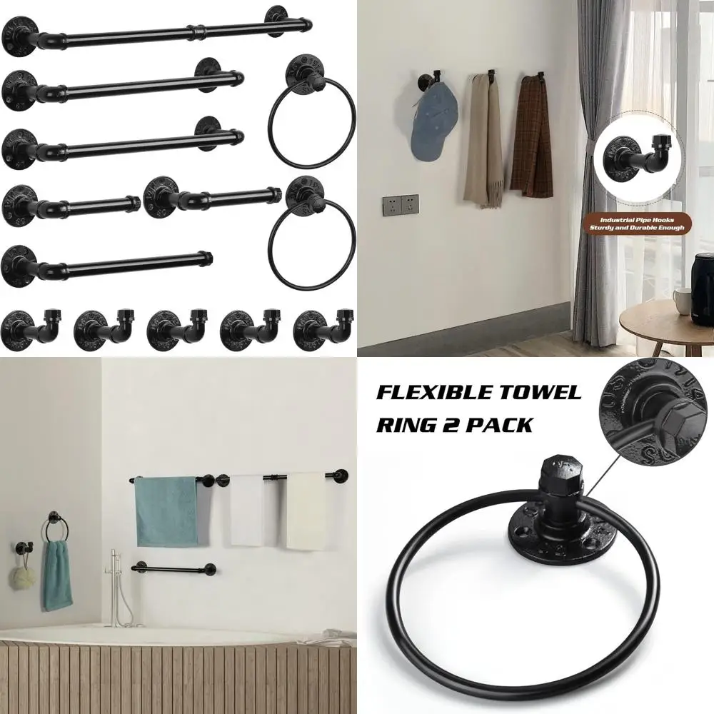 

Industrial Style Black 13-Piece Towel Bar Set - Wall Mounted Bath Hardware Kit for Hand and Toilet Towels