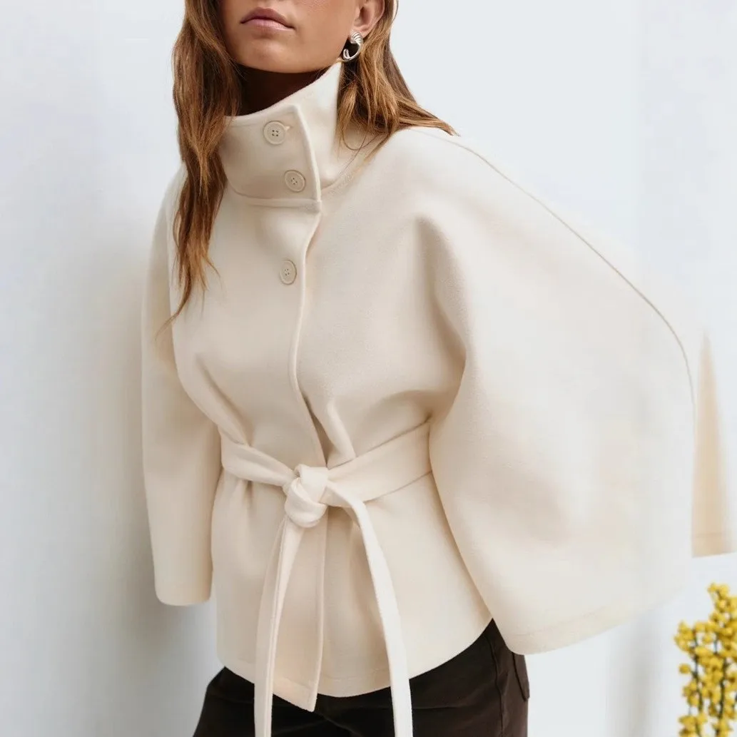 Stand Collar Regular Fit Cape Regular Length American and European Style with Belted Closure Women Cape Coat Casual Winter