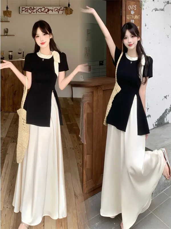 

Модный комплект больших размеров для женщин: летний топ с узлом и разрезом, юбка с высокой талией, комплект из двух предметов, полиэстер.