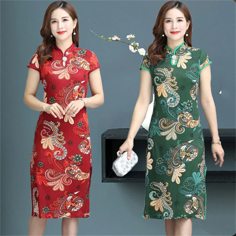 

Woman Chinese Cheongsam Vintage Short Sleeve Qipao Traditional Lady Elegant Wedding Party Dresses Floral Print Dress Plus Size