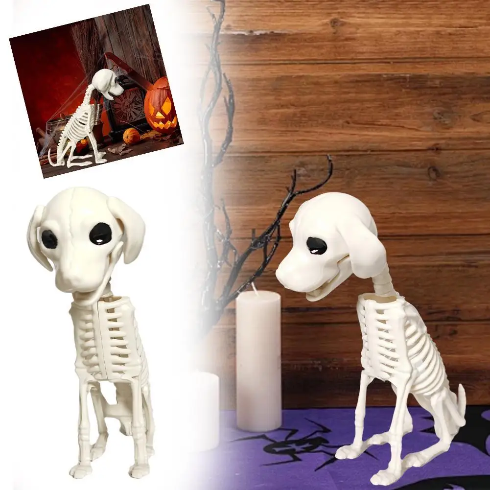 1pc Halloween Puppy Skeleton Sculpture Small Animal Skeleton Plastic Sitting Dog Halloween Outdoor Indoor Party Decoration Prop