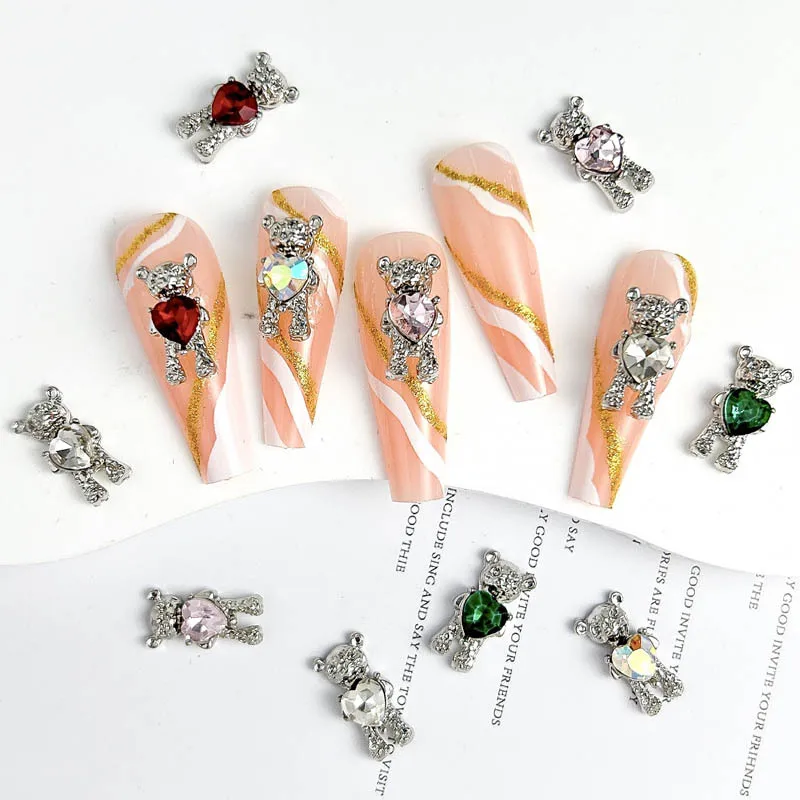 10pcs Cute Bear Nail Charms 3D Alloy Holding Heart Diamond Cartoon Teddy Bear Nail Art Decrations DIY Nail Accessories Crafts