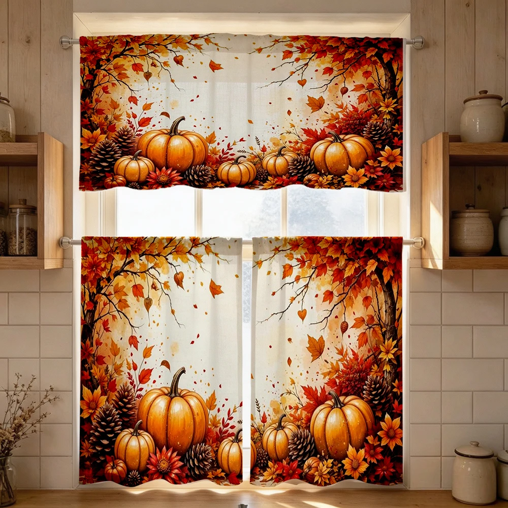 Thanksgiving Fall Kitchen Curtains, Pumpkin Pinecone, Digital Print, Kitchen Dining Room, Rod Pocket Polyester, Home Decor
