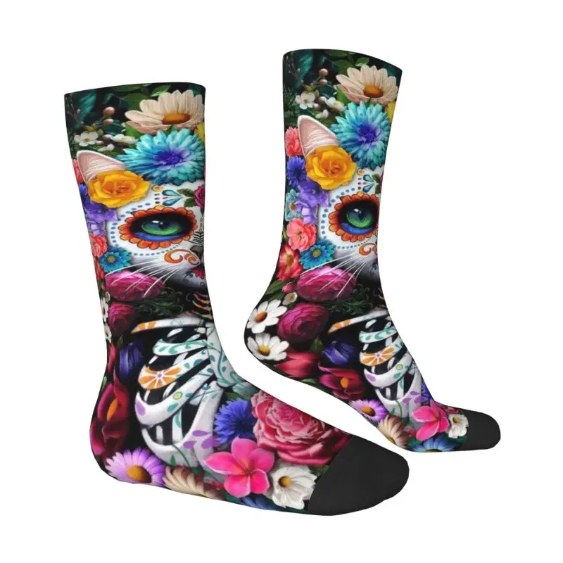 Custom Fun Printing Day Of The Dead Cat Floral Skull Socks for Women Men Stretch Summer Autumn Winter Crew Socks