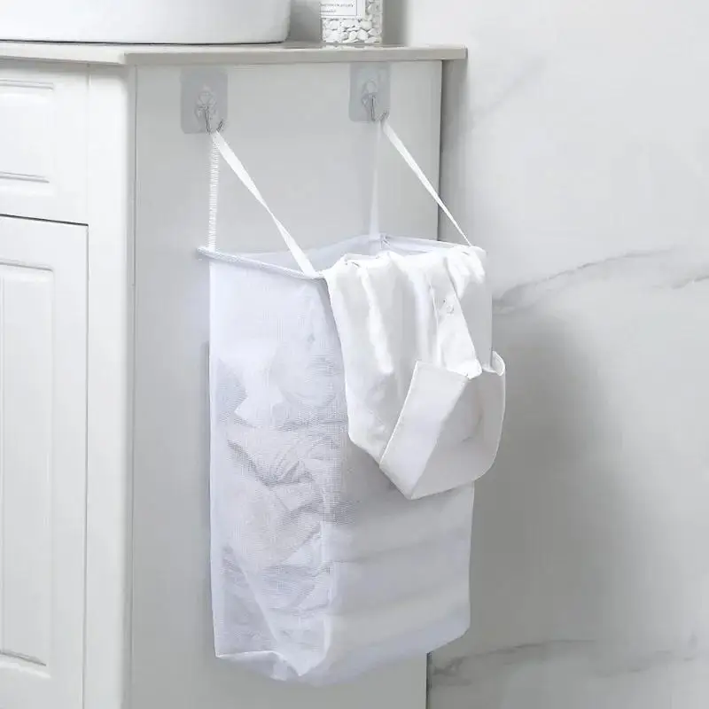 Home Foldable Multifunctional Wall Hanging Laundry Basket Washing Clothes Organizer Mesh Storage Punch Free Adhesive Hook