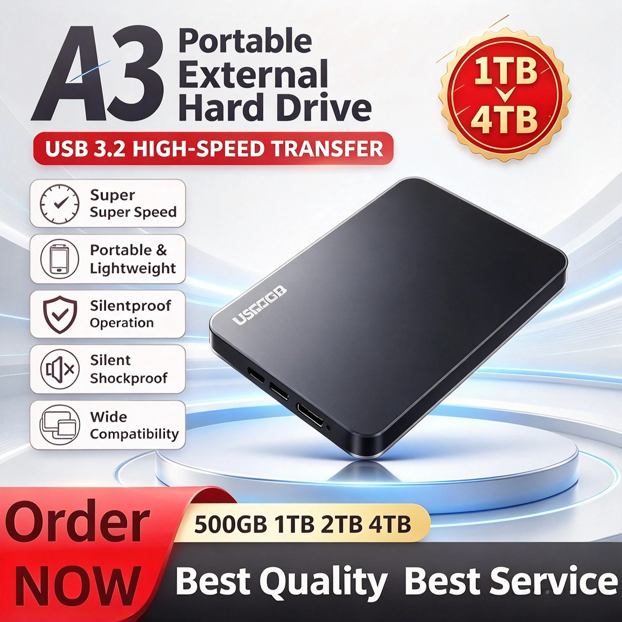 Portable Hard Drive A3 SSD  2TB 4TB SSD Black External Hard Drive USB 3.0 for Gaming Console Office Gift