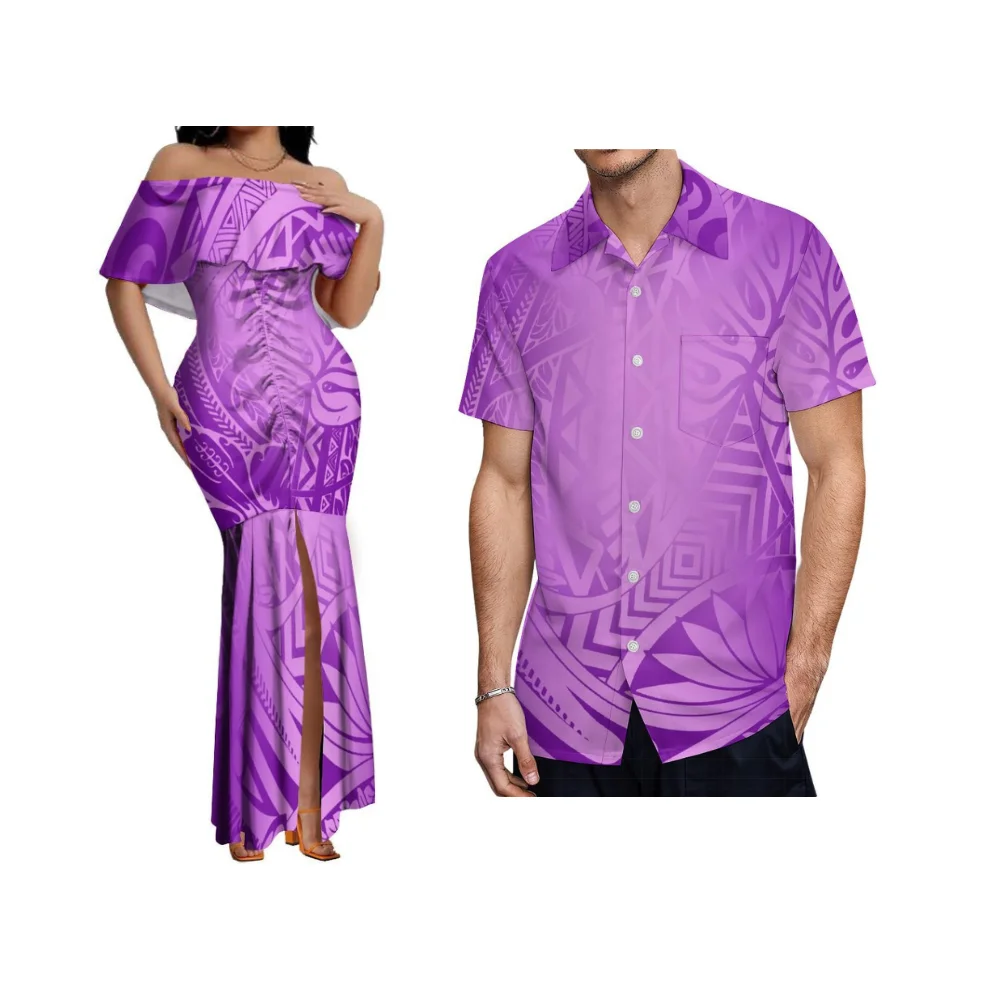 Summer Custom Polynesian Fashion Couple Outfit - Ruffled Halter-Neck Women'S Fishtail Dress - Casual Short-Sleeved Men'S Shirt