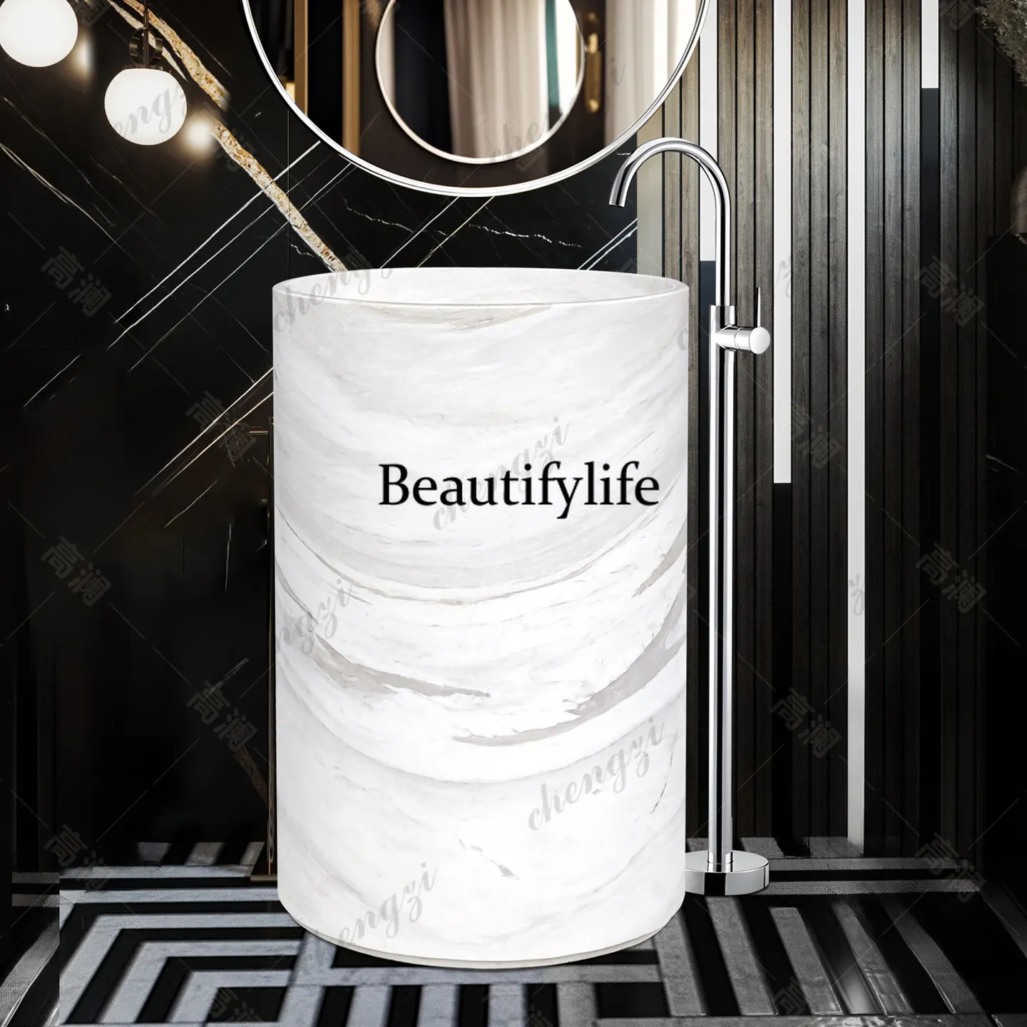 Oval column basin hotel, integrated washbasin floor-to-ceiling light luxury stone washbasin