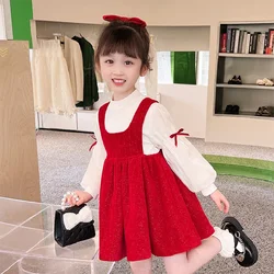 Girl Dress Sweet Red Bow Skirt 3-8 Year Old New Year Fashion Princess Dress Autumn and Winter Children Vest Skirt Set