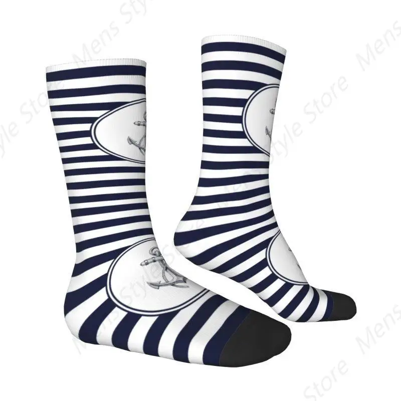 Anchor And Navy Blue Stripes Men Women Crew Socks Unisex Cute 3D Print Nautical Sailor Dress Socks