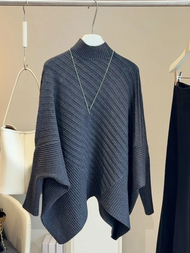 

Loose Women Pullovers Half High Collar Solid Color Pull Femme Vintage Sueter Mujer Batwing Sleeve Knit Sweater Women's Clothes