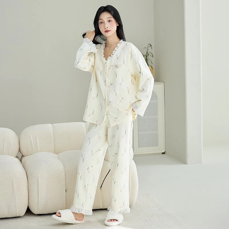 

2025 New Women's Pure Cotton Long Sleeved Pajama Set Casual Cardigan Spring Autumn Versatile Loungewear Two Piece Outfit XXL