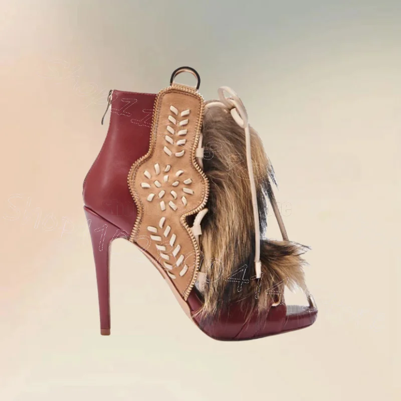 

Foliage Fur Design Strappy Open Toe Sandals Back Zipper Women Shoes Thin High Heels Party Feast Dating 2025 Zapatos Para Mujere