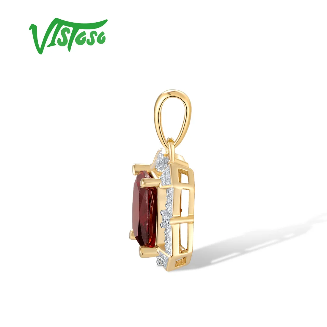 VISTOSO Genuine 14K 585 Yellow Gold Pendants For Women Sparkling Diamond Garnet Square Trendy Wedding Anniversary Fine Jewelry