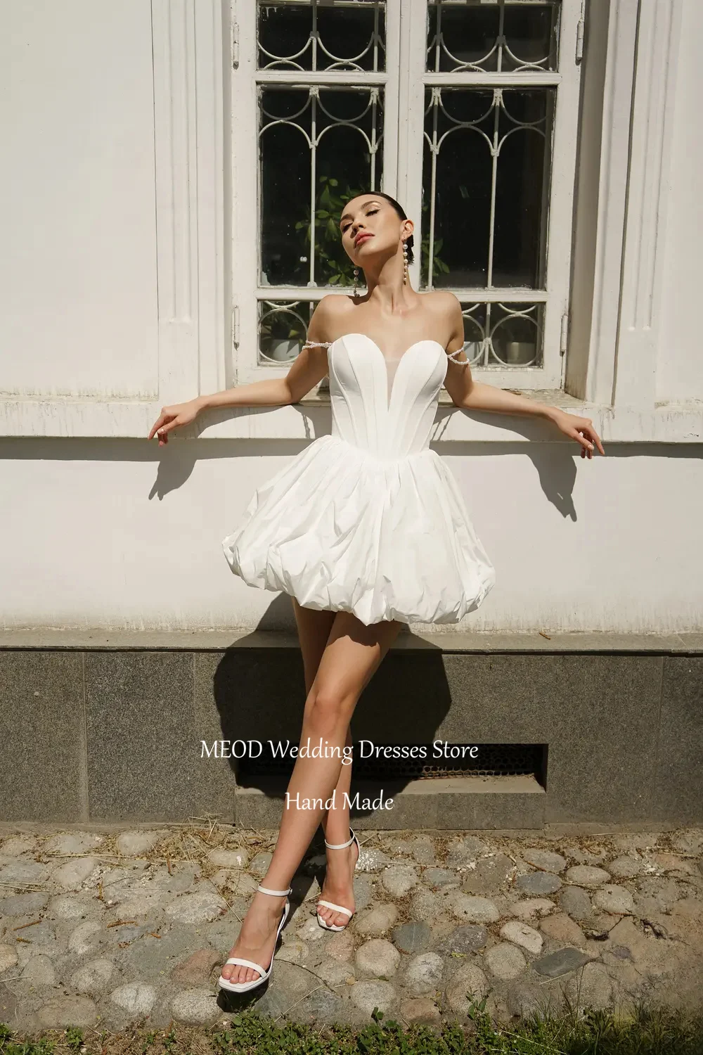 MEOD Satin Short Wedding Dresses Bride Sweetheart Backless Mini Vestidos De Novia Off The Shoulder With Pearls Gowns Customized