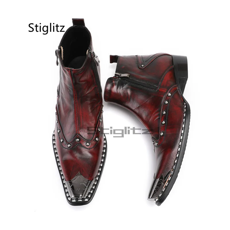 Men's Genuine Leather Short Boots Rivet Metal Toe Ankle Chelsea Boots Autumn Winter Side Zipper Fashion British Business Shoes