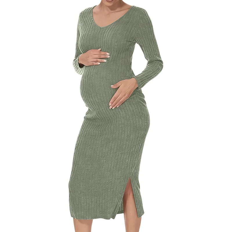 

Вязаное платье для беременных с V-образным вырезом, завышенной талией, облегающее, с плиссированной юбкой и разрезом для скрытия живота