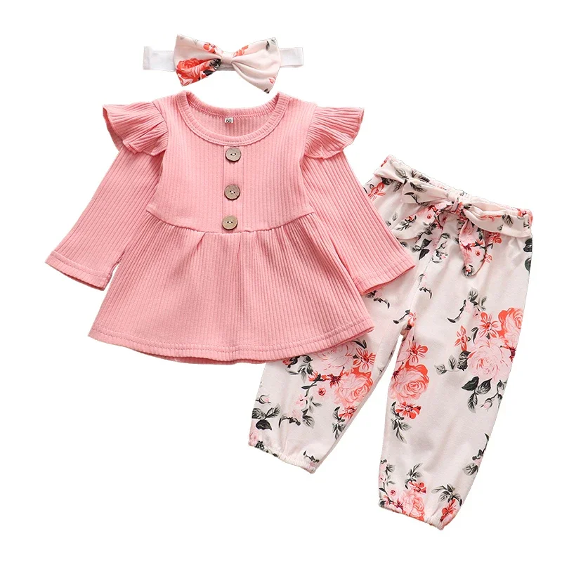 Conjunto de roupas de bebê menina, tops de manga comprida, calças florais, bandana, terno infantil, cor rosa, fofo, primavera, 3pcs, 0-24m