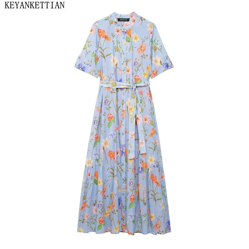 

KEYANKETIAN 2024 New Launch Pastoral style Flower Print Short Sleeve MIDI Dresses Summer Women's With Belt Holiday Long Dress