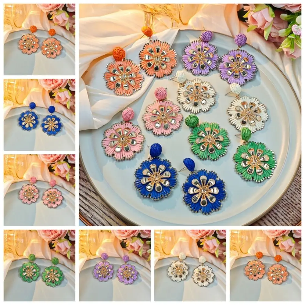 Bohemian Geometric Round Raffia Earrings Mulitcolor Chic Circle Drop Eardrop Hand-woven Delicate Dangle Ear Stud Holiday