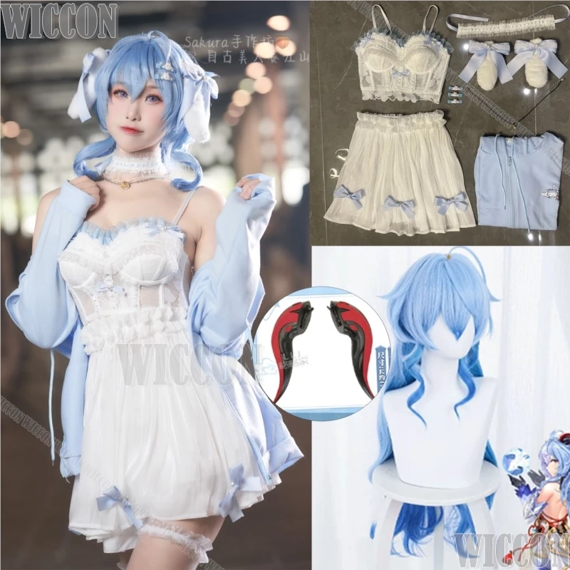 

Ganyu Daily Suit Cosplay Costume Game Genshin Impact Cute Dog Blue Coat Sexy White Dress Fishbone Underwear Horn Wig Customized