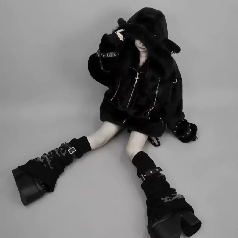 Japanese Vintage Y2K Subculture Punk Hoodie Winter New Harajuku Flocking Design Coat Women's Gothic Fashion Loose Zipper Outwear
