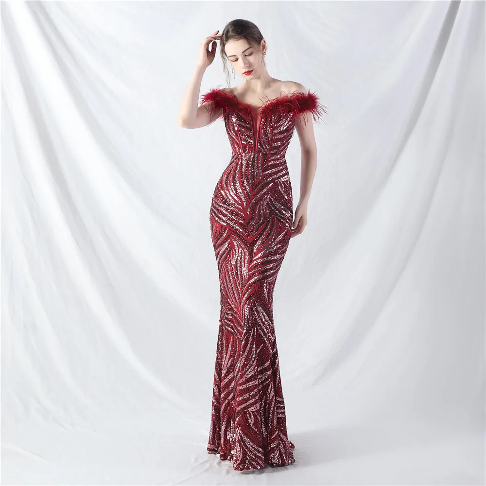 2024 Burgundy Long Dress Evening Off The Shoulder Floor Length Feathers Sequined High Quality Prom Party Gowns In Stock